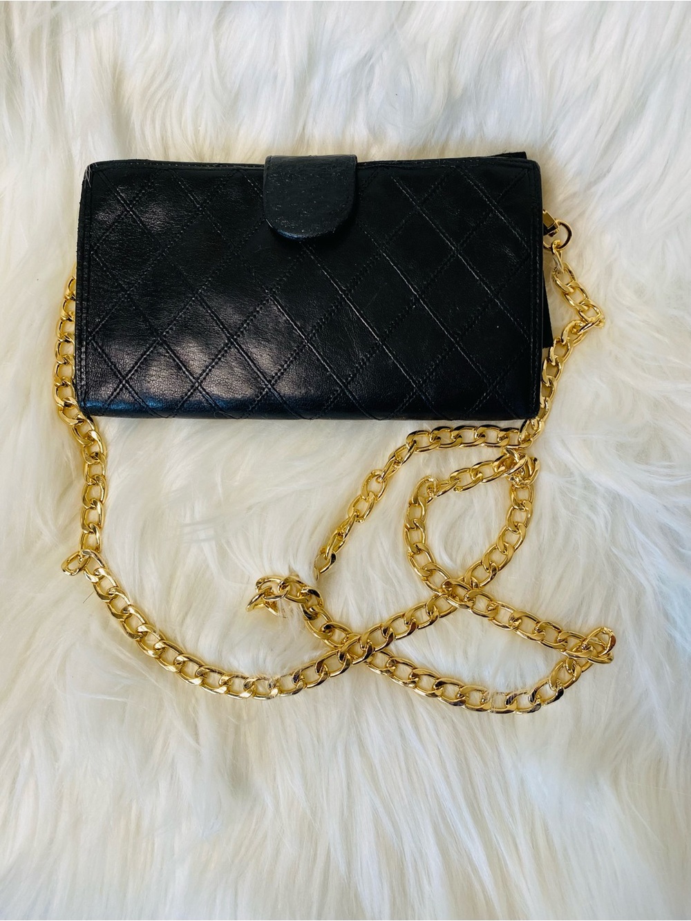 Chanel Vintage Authentic Black Lambskin Quilted Wallet-On-A-Chain